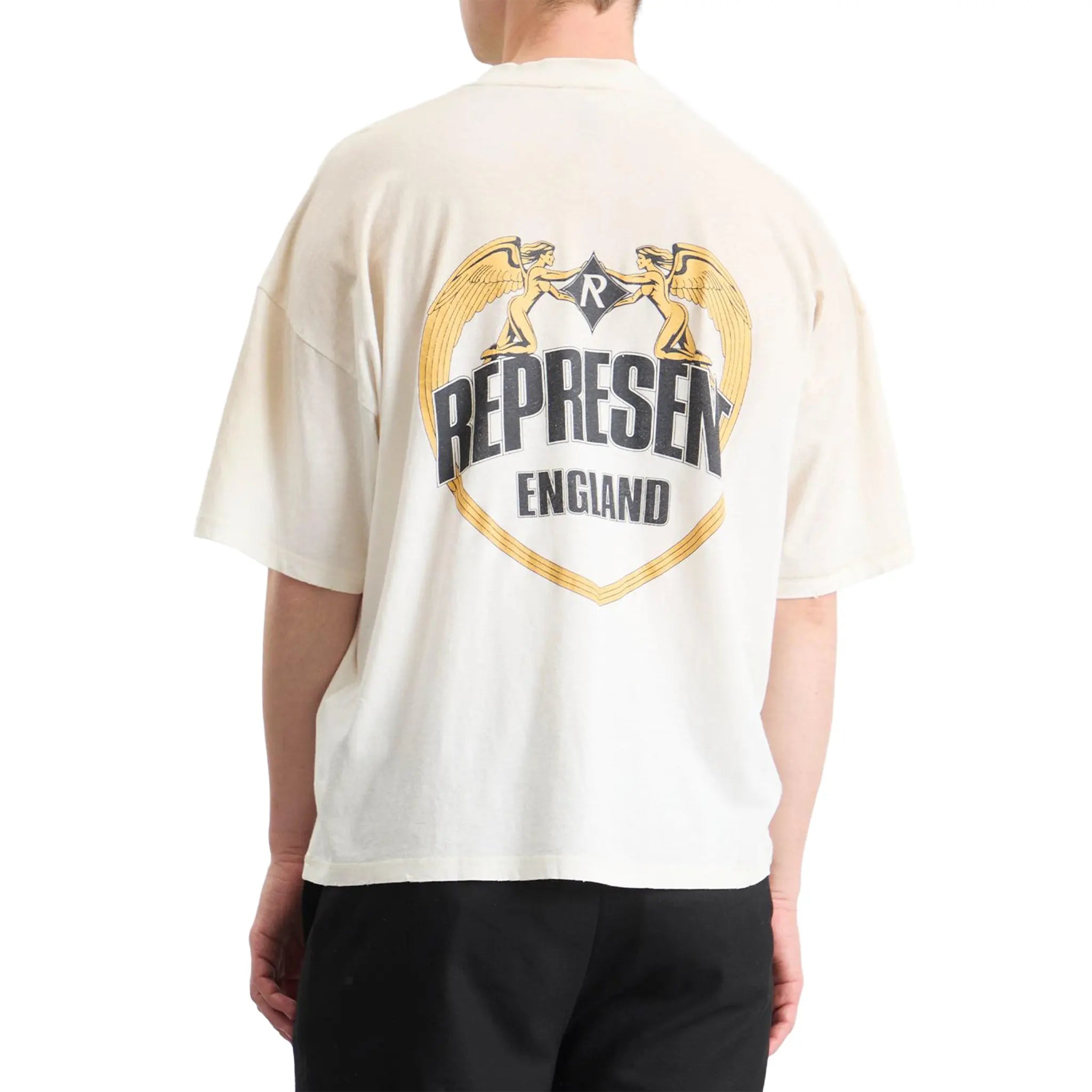 Model Back View of Represent Rep Angel Border White T Shirt